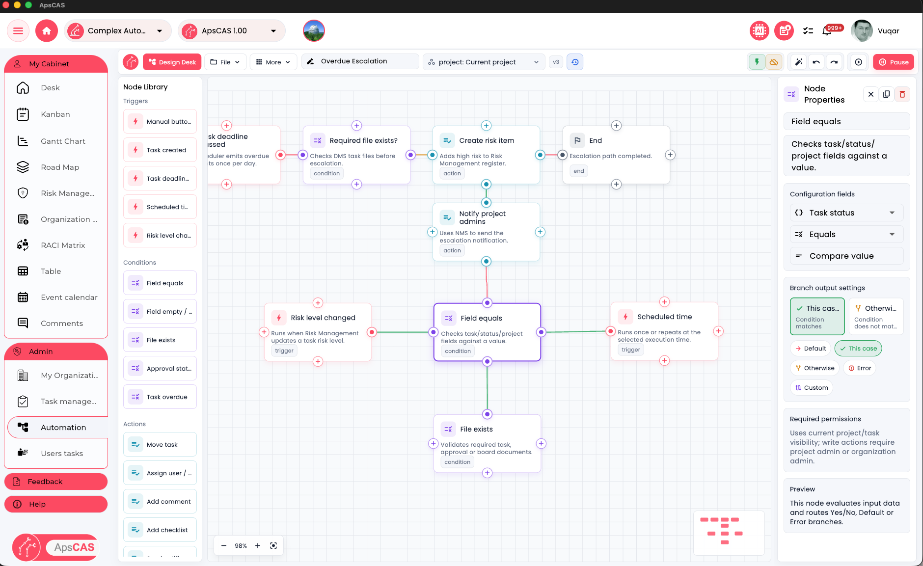 ApsCAS Automation Design Desk screenshot with node library, workflow canvas, and node properties panel